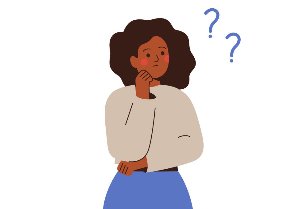 Illustration of woman surrounded by question marks in thought.
