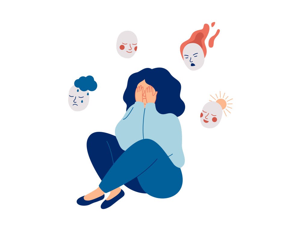 Illustration of women sitting stressed on ground surrounded by faces of various emotions